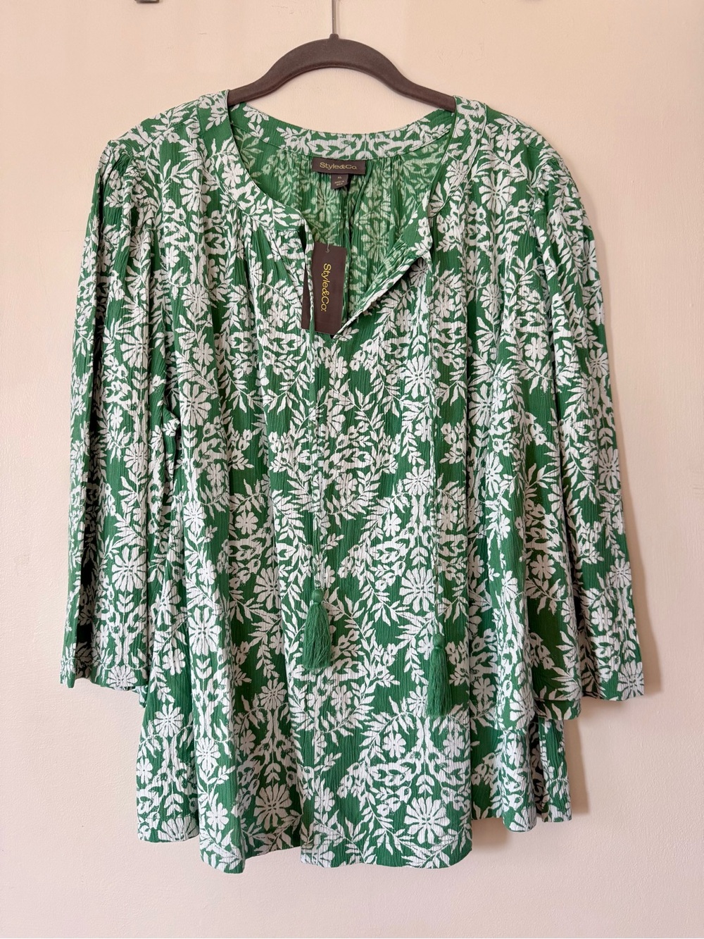 Style & Co Womens XL Green Floral Peasant Splitneck Tassel Blouse 3/4 Sleeve